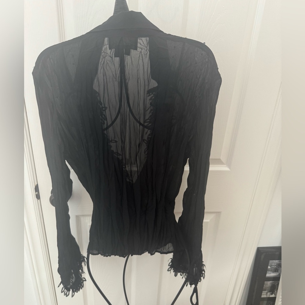 Black Sheer Long-Sleeve Blouse with Ruffle Trim